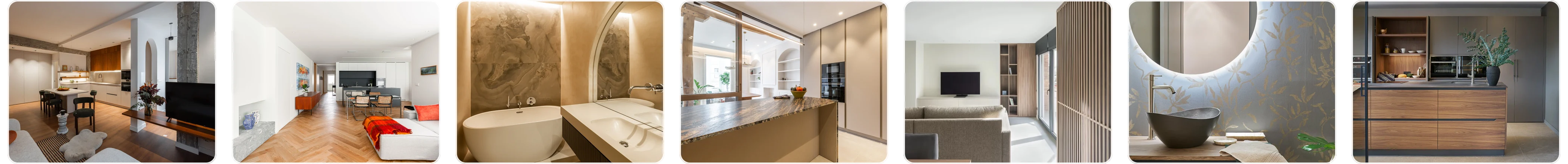 Sette ristrutturazioni Casaneo: soggiorni, cucine con isola, zona pranzo, bagno con vasca e bagno con specchio retroilluminato